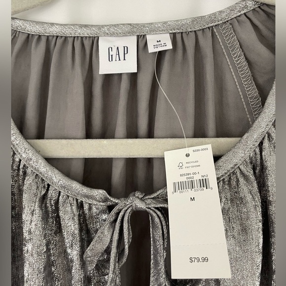 Gap Metallic Silver Smocked Shine Splitneck Mini Dress Available in Med or Large - Picture 5 of 10